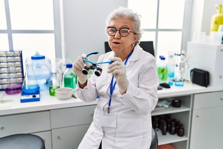 Senior woman with grey hair working at scientist laboratory using magnifying glasses puffing cheeks with funny face. mouth inflated with air, catching air.