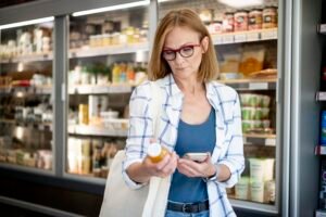 An Senior Women looking at a food label on a jar in a grocery store.